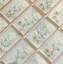 Load image into Gallery viewer, pressed blue hydrangea flower place cards all lined up
