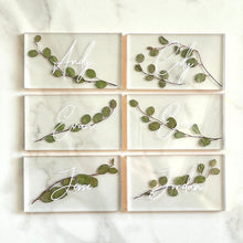 Load image into Gallery viewer, multiple pressed eucalyptus acrylic name cards for wedding
