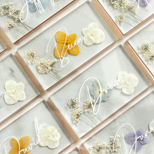 Load image into Gallery viewer, custom pressed flower place cards in yellow, blue, and purple
