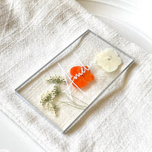 Load image into Gallery viewer, pressed orange hydrangea wedding place card closeup on napkin
