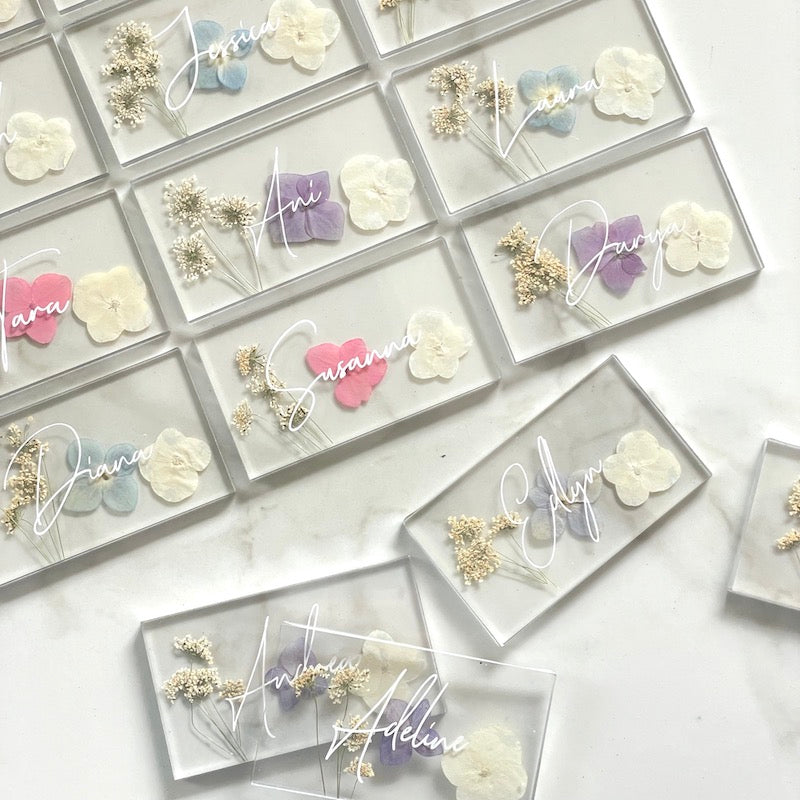 acrylic pressed flower wedding place cards