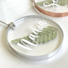 Load image into Gallery viewer, custom real pressed fern acrylic ornament and gift tag with silver lining
