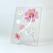 Load image into Gallery viewer, gold lined pressed flower table number for weddings
